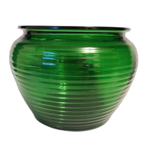 Anchor Hocking Forest Green Medium Ribbed Beehive Glass Planter Bowl Jardiniere - Picture 2 of 5